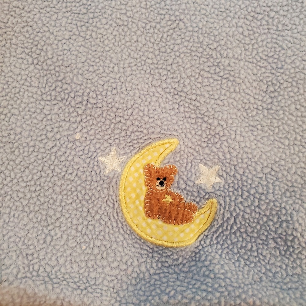 Cutie Pie Blue Sherpa Baby Blanket Teddy Bear Moon Fleece Striped Reverse